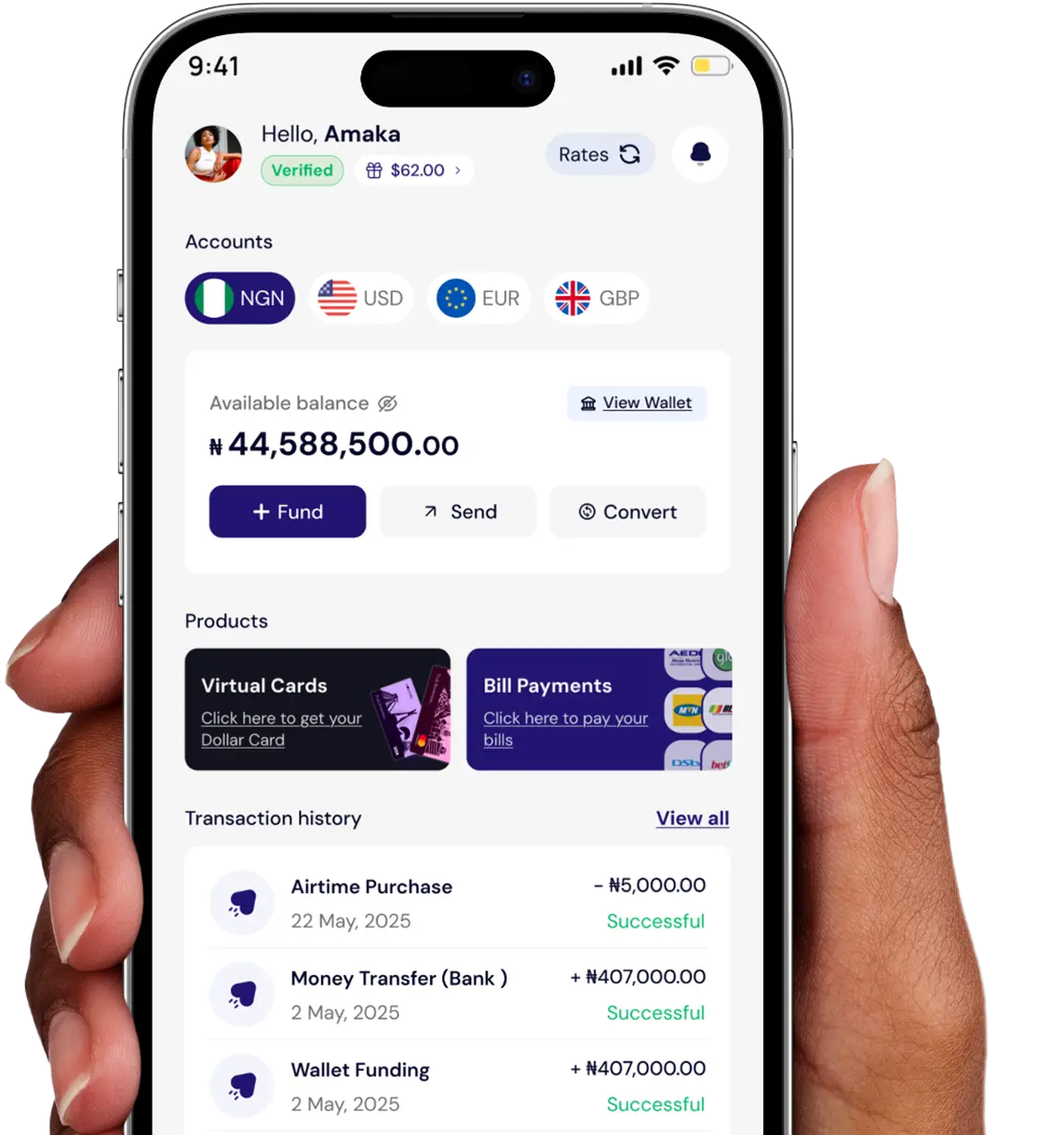Hand holding a phone showing the Pouchers app